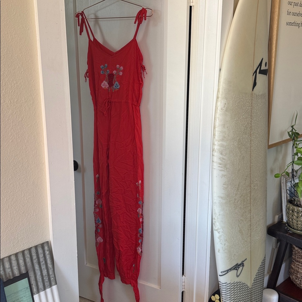 Vintage Red Embroidered Jumpsuit